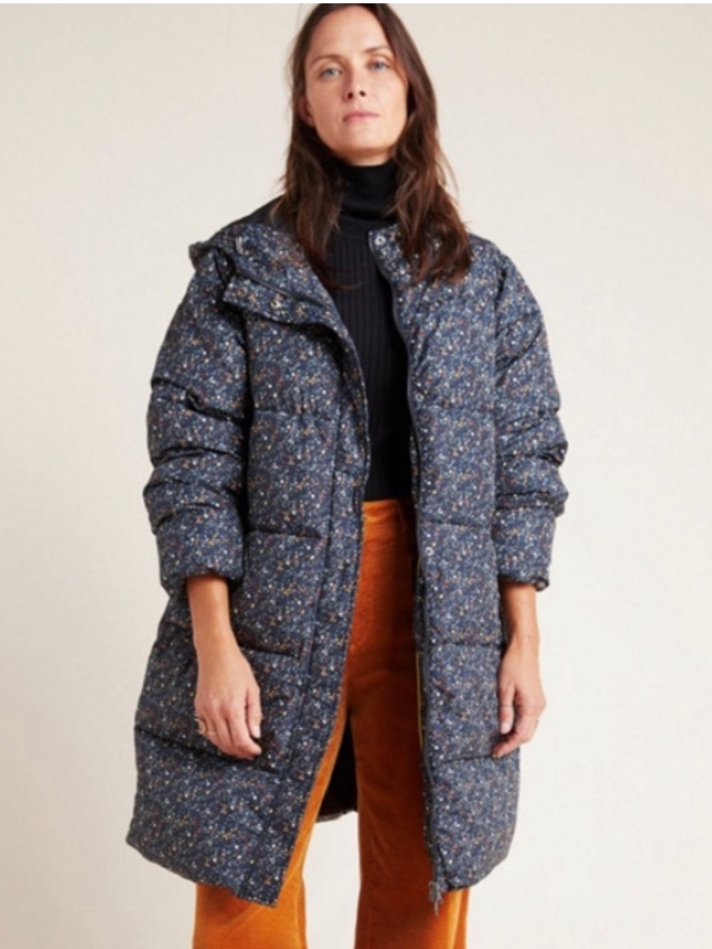 Anthropologie Numph Navy Blue Ditsy Floral Quilted Long Puffer Coat